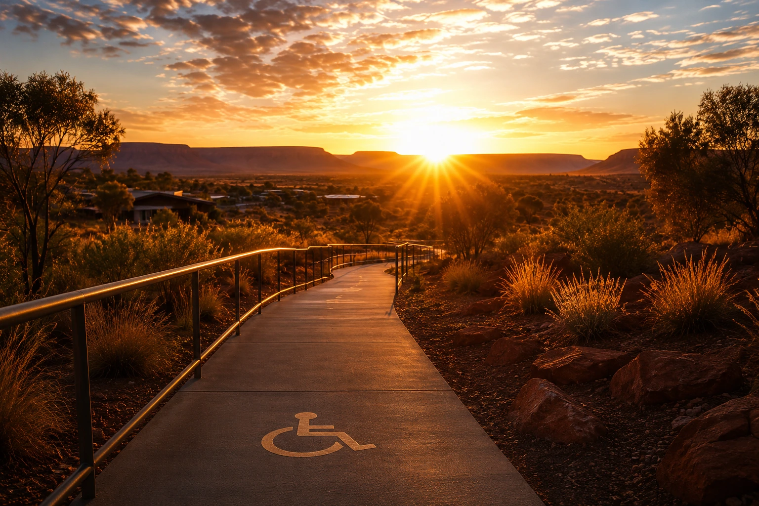 Accessible pathway at sunset representing independence and inclusion
